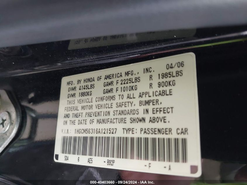 1HGCM56316A121527 2006 Honda Accord 2.4 Se