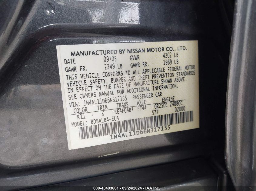 1N4AL11D66N317155 2006 Nissan Altima 2.5 S