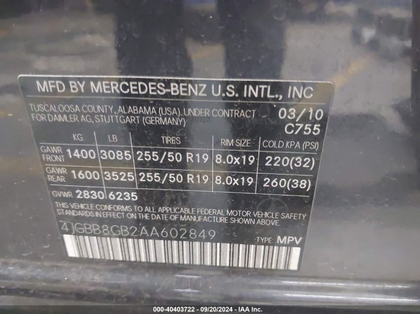 4JGBB8GB2AA602849 2010 Mercedes-Benz Ml 350 4Matic