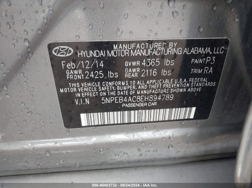 2014 HYUNDAI SONATA GLS - 5NPEB4AC8EH894789