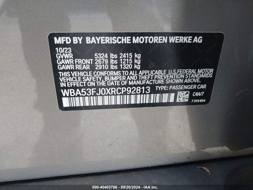 2024 BMW 530 I xDrive VIN: WBA53FJ0XRCP92813 Lot: 40403766