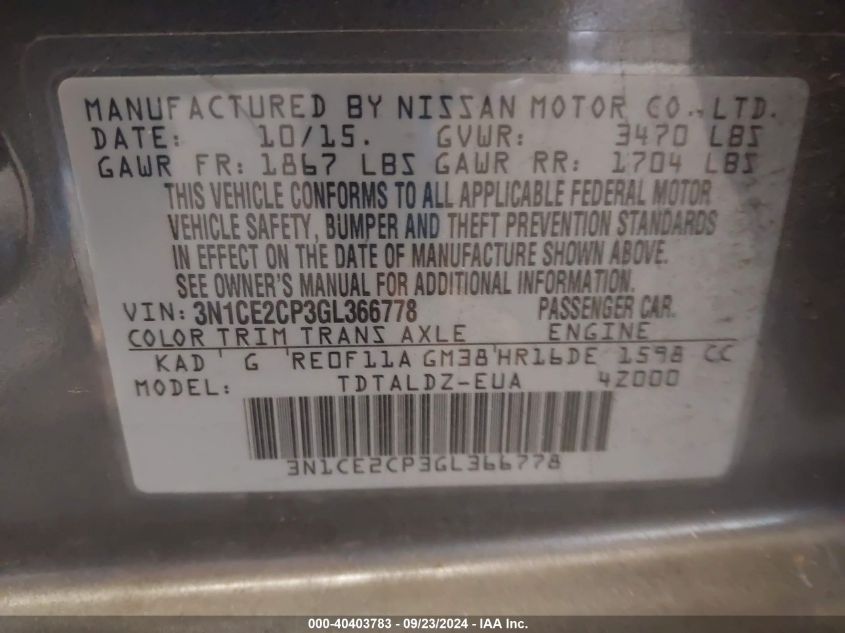 3N1CE2CP3GL366778 2016 Nissan Versa Note S/S Plus/Sv/Sl/Sr