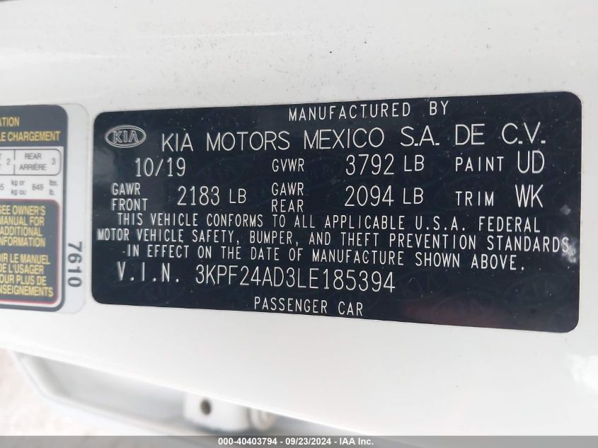 2020 Kia Forte Fe/Lxs VIN: 3KPF24AD3LE185394 Lot: 40403794