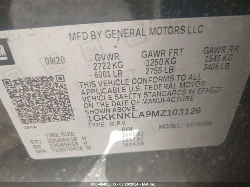 1GKKNKLA9MZ103126 2021 GMC Acadia Fwd Sle