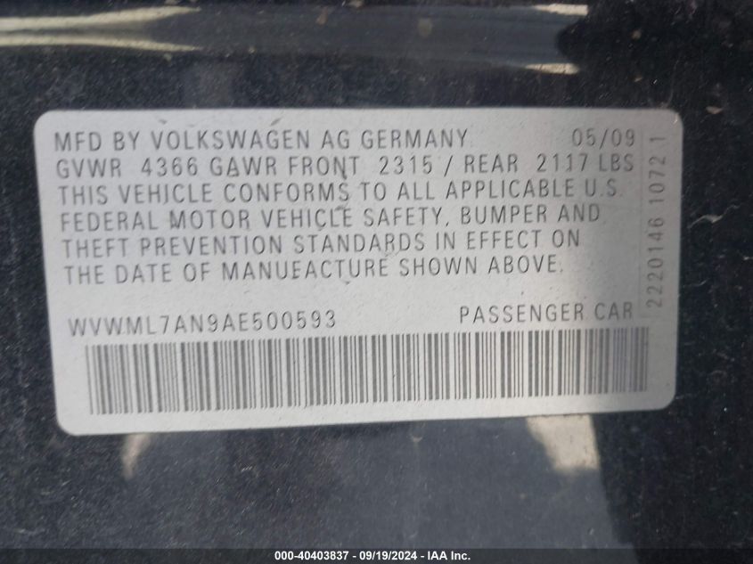 WVWML7AN9AE500593 2010 Volkswagen Cc Sport