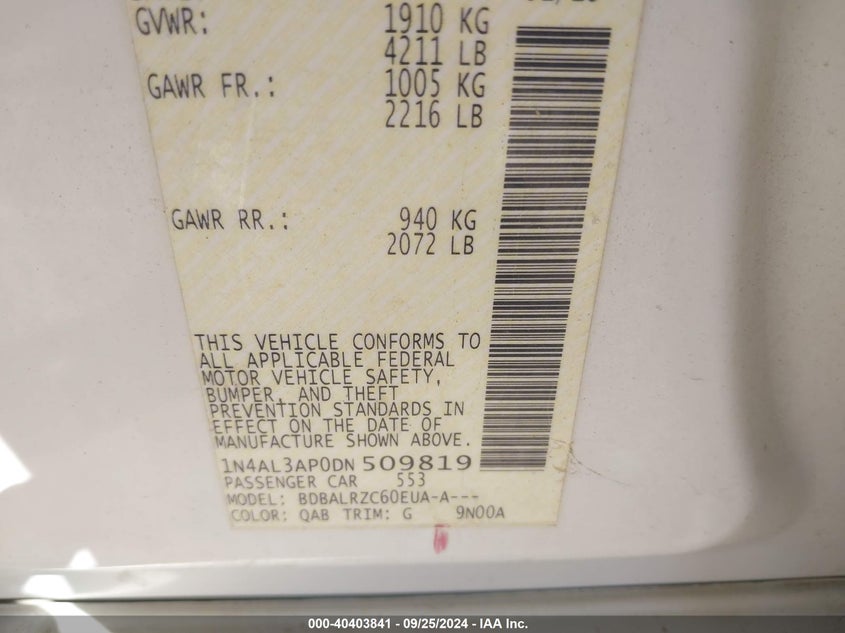 1N4AL3AP0DN509819 2013 Nissan Altima 2.5 S