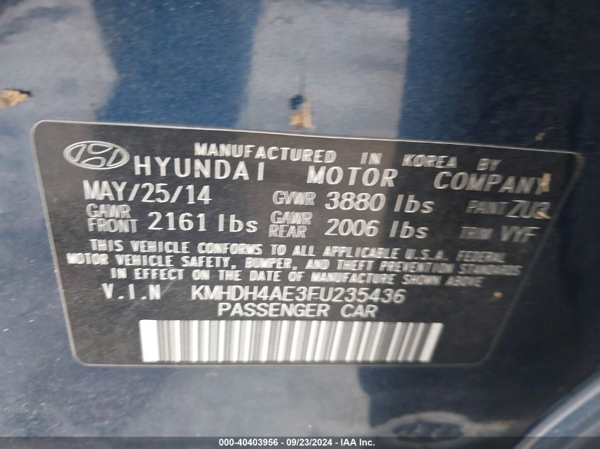 2015 Hyundai Elantra Se/Sport/Limited VIN: KMHDH4AE3FU235436 Lot: 40403956