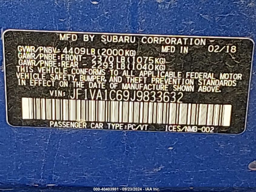 JF1VA1C69J9833632 2018 Subaru Wrx Premium