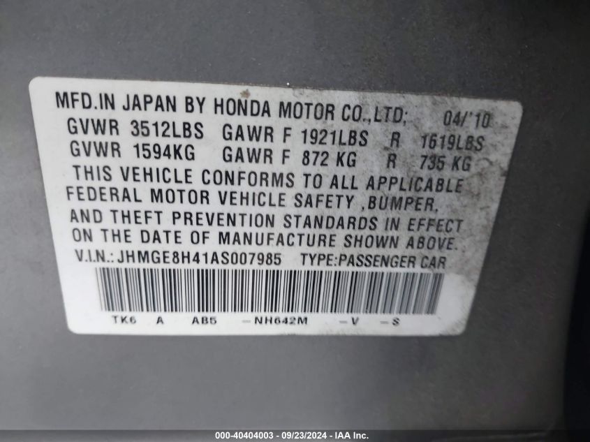 2010 Honda Fit Sport VIN: JHMGE8H41AS007985 Lot: 40404003