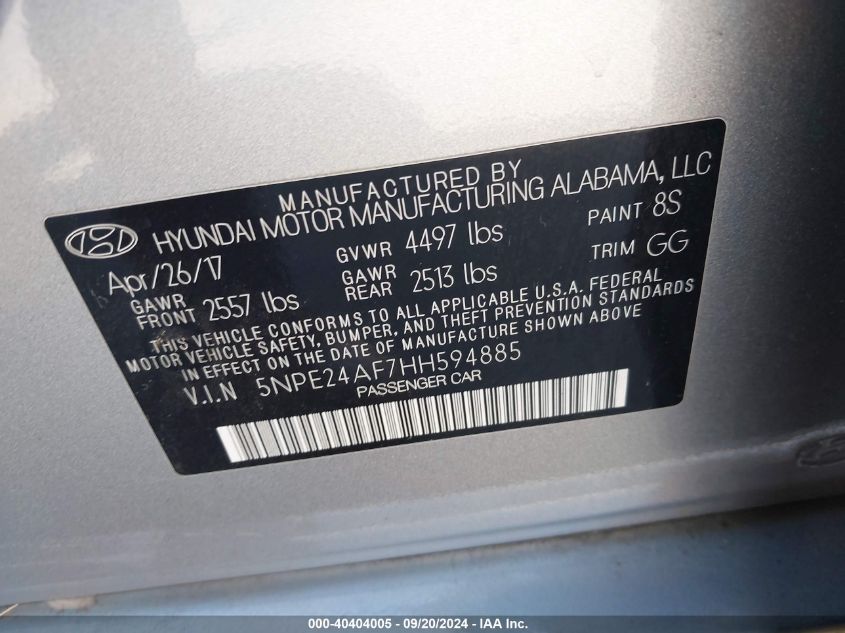 5NPE24AF7HH594885 2017 Hyundai Sonata