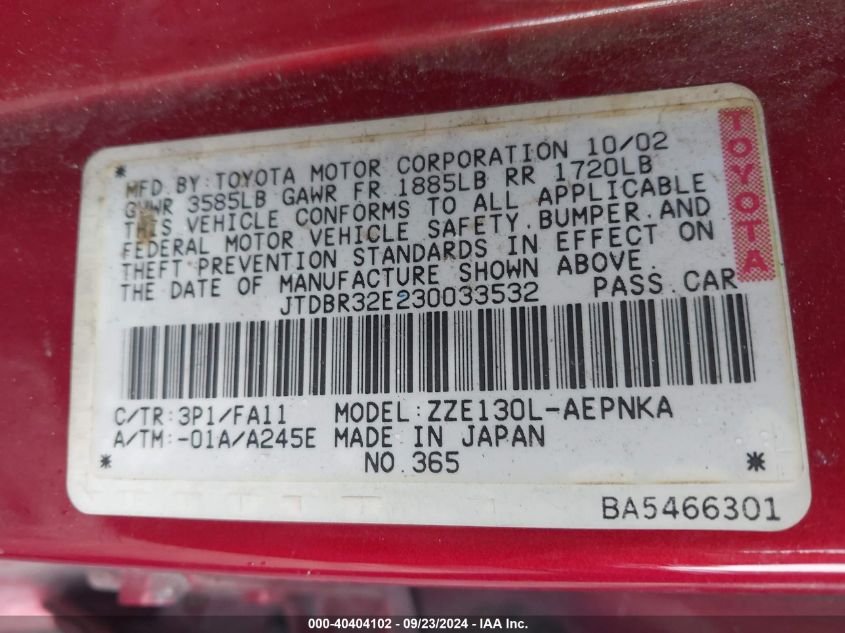 2003 Toyota Corolla Le VIN: JTDBR32E230033532 Lot: 40404102