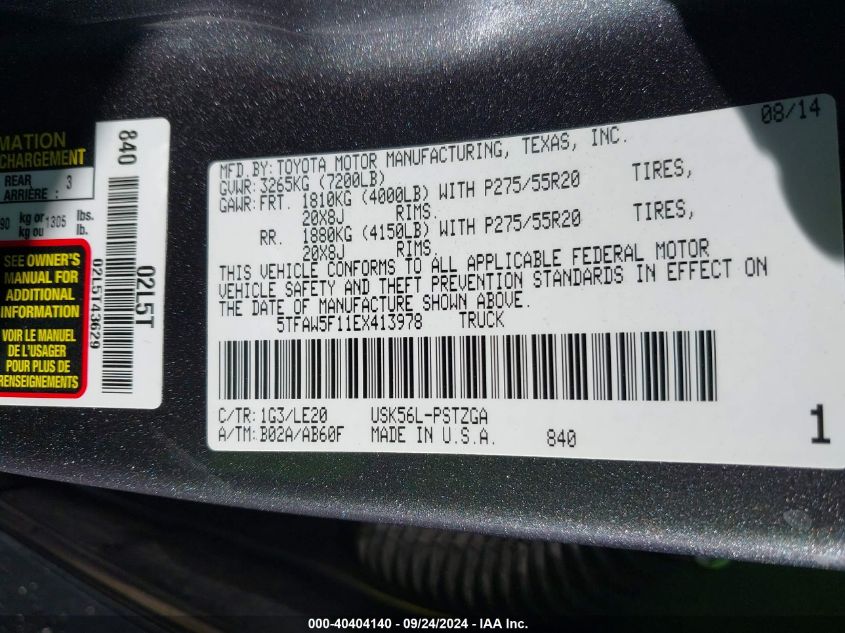 5TFAW5F11EX413978 2014 Toyota Tundra Platinum 5.7L V8