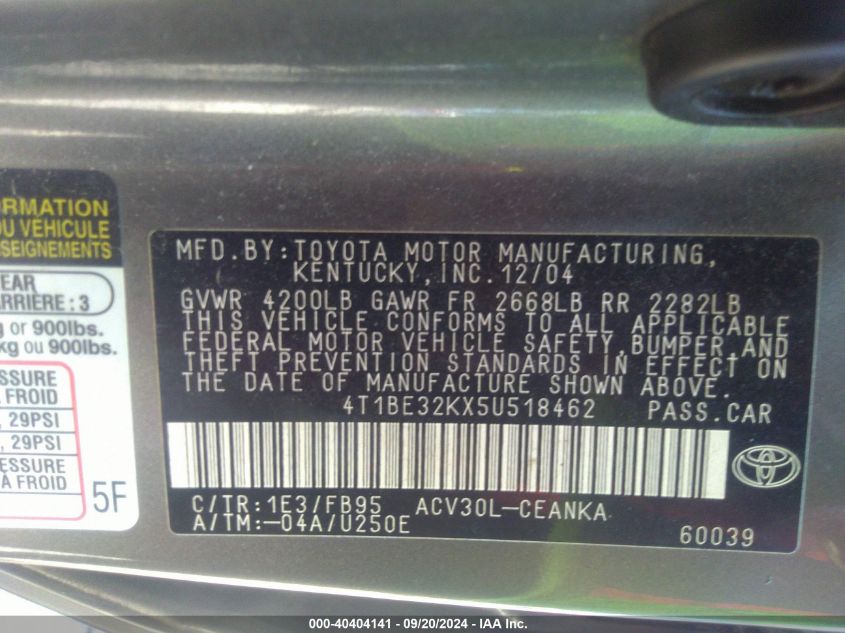 4T1BE32KX5U518462 2005 Toyota Camry Le