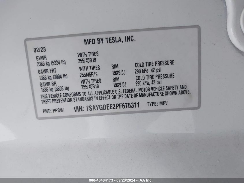 2023 Tesla Model Y Awd/Long Range Dual Motor All-Wheel Drive VIN: 7SAYGDEE2PF675311 Lot: 40404173