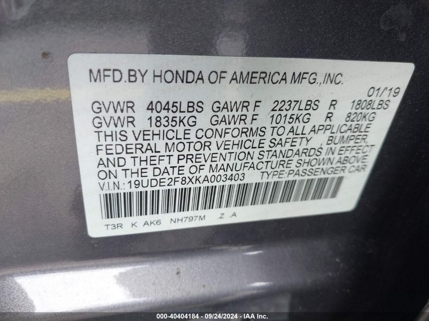 19UDE2F8XKA003403 2019 Acura Ilx Premium A-Spec Packages/Technology A-Spec Packages