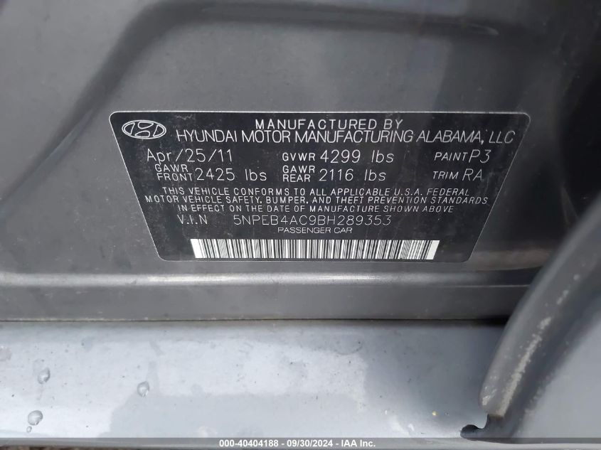 5NPEB4AC9BH289353 2011 Hyundai Sonata Gls