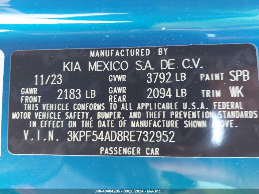 2024 Kia Forte Gt-Line VIN: 3KPF54AD8RE732952 Lot: 40404205