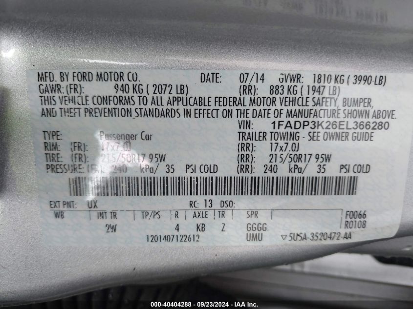 2014 FORD FOCUS SE - 1FADP3K26EL366280