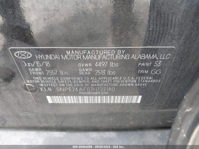 5NPE24AF0JH722180 2018 Hyundai Sonata Se