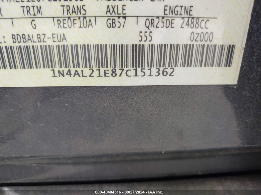 2007 Nissan Altima 2.5 S VIN: 1N4AL21E87C151362 Lot: 40404316