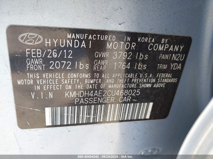 KMHDH4AE2CU468025 2012 Hyundai Elantra Gls (Ulsan Plant)