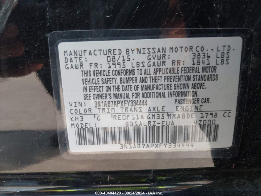 3N1AB7APXFY334444 2015 Nissan Sentra S/Sv/Sr/Sl