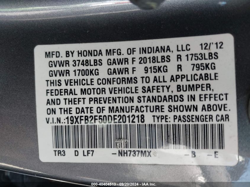 2013 Honda Civic Lx VIN: 19XFB2F50DE201218 Lot: 40933671