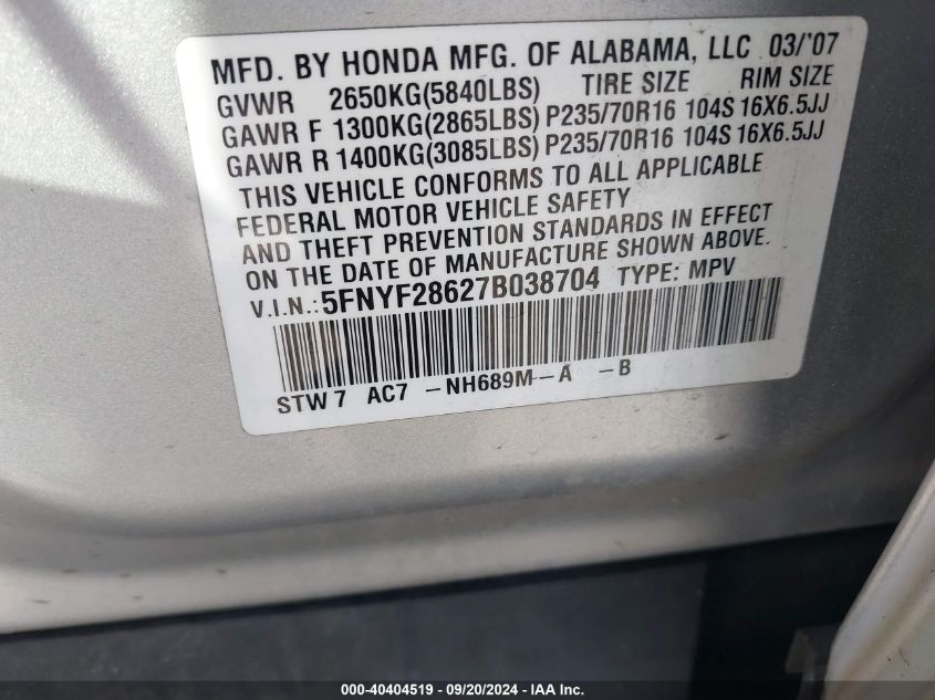 5FNYF28627B038704 2007 Honda Pilot Ex-L