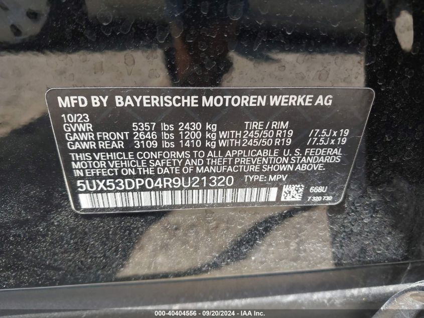 2024 BMW X3 xDrive30I VIN: 5UX53DP04R9U21320 Lot: 40404556