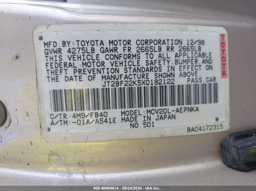 JT2BF22K5X0182122 1999 Toyota Camry Le V6