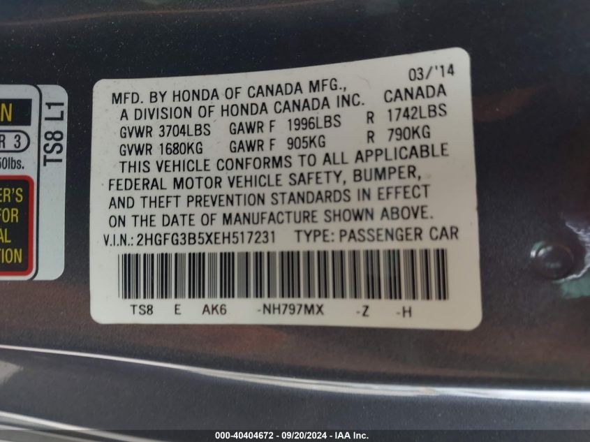 2HGFG3B5XEH517231 2014 Honda Civic Lx