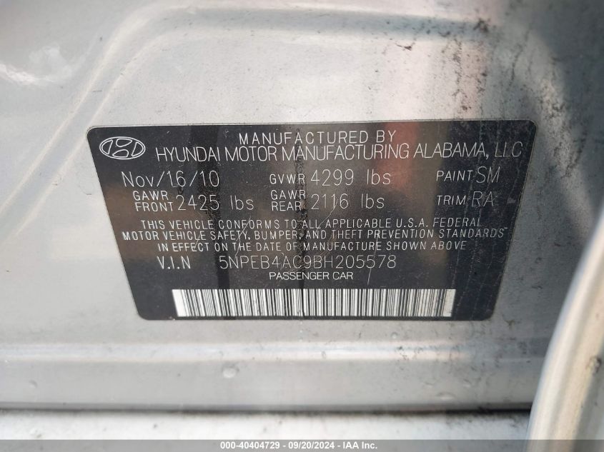 5NPEB4AC9BH205578 2011 Hyundai Sonata Gls