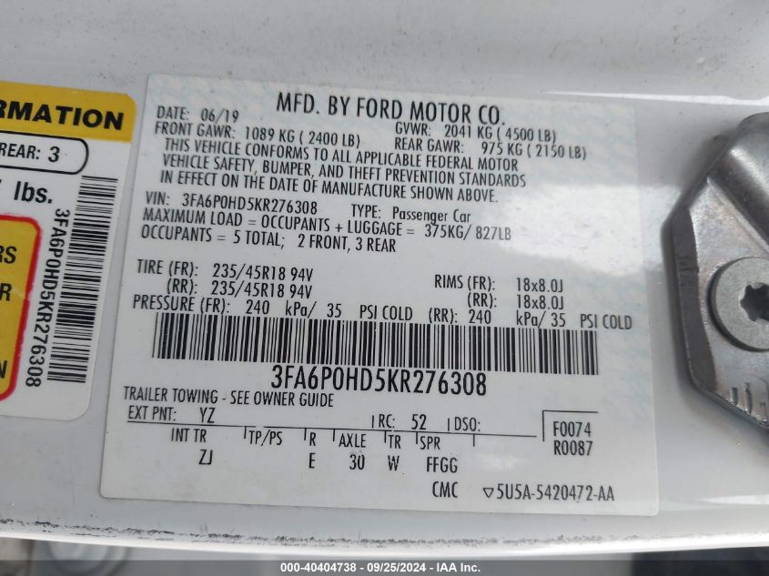 2019 Ford Fusion Se VIN: 3FA6P0HD5KR276308 Lot: 40404738