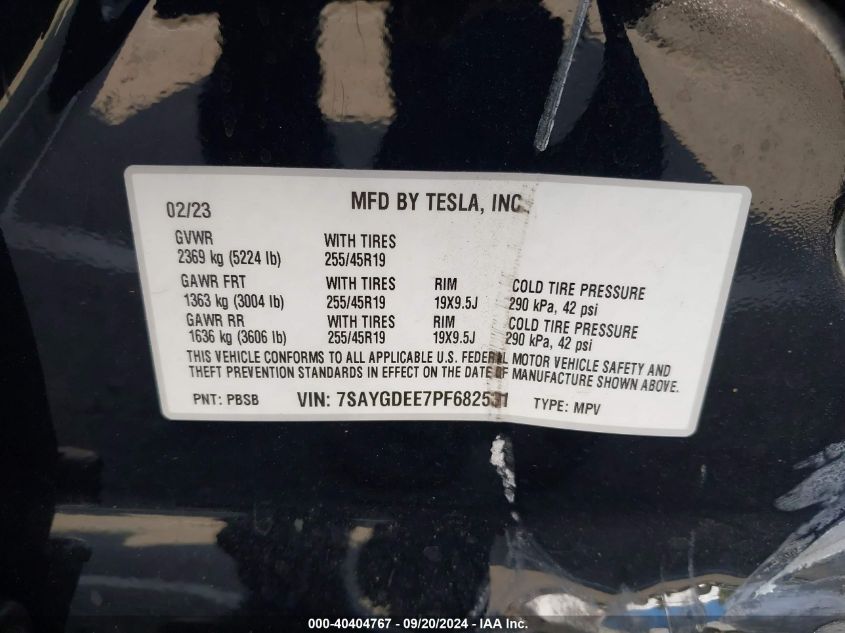 2023 Tesla Model Y Awd/Long Range Dual Motor All-Wheel Drive VIN: 7SAYGDEE7PF682531 Lot: 40404767