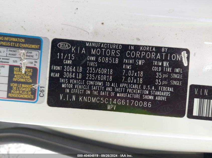 KNDMC5C14G6170086 2016 Kia Sedona Sx