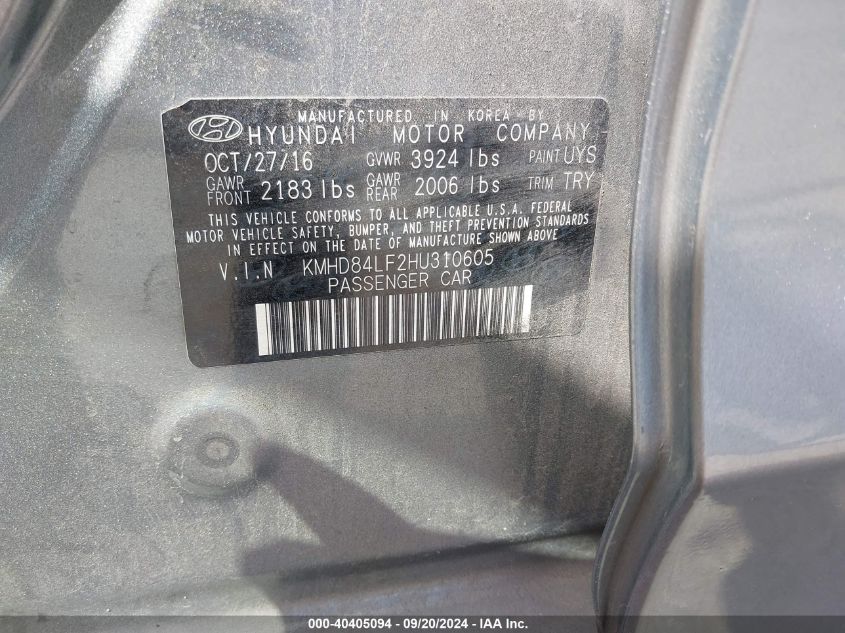 2017 HYUNDAI ELANTRA LIMITED - KMHD84LF2HU310605