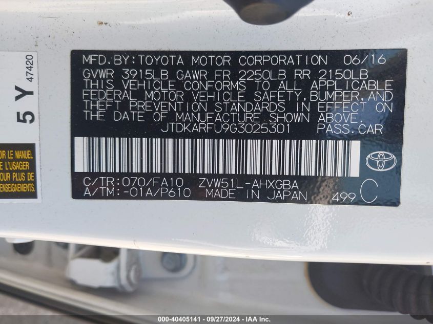 2016 Toyota Prius Three VIN: JTDKARFU9G3025301 Lot: 40405141