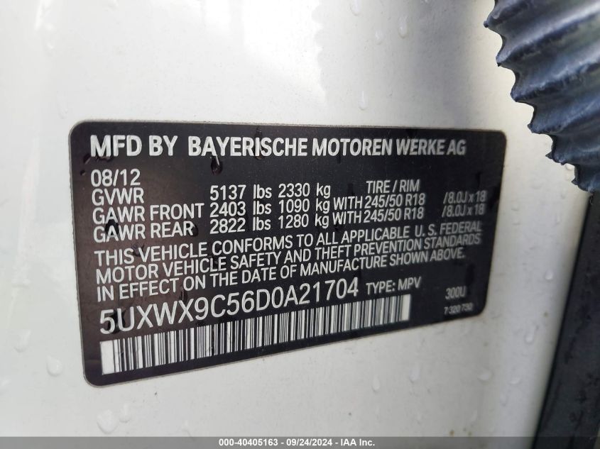 2013 BMW X3 xDrive28I VIN: 5UXWX9C56D0A21704 Lot: 40405163