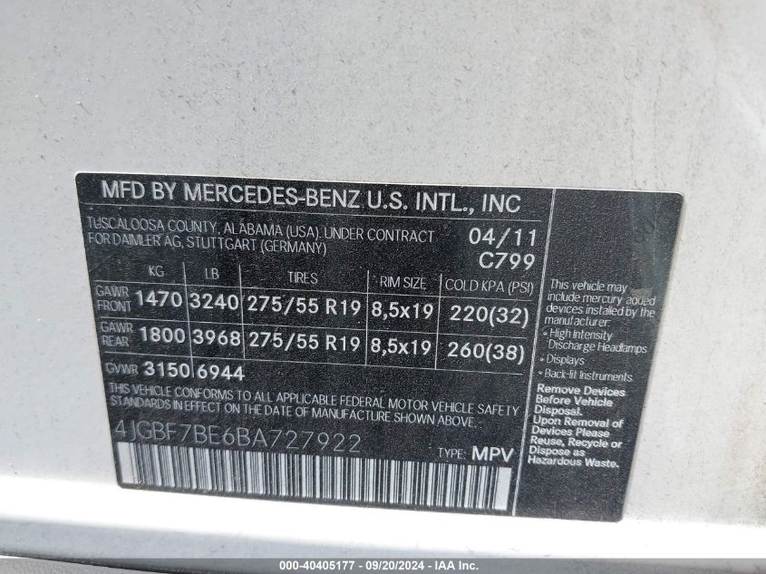 4JGBF7BE6BA727922 2011 Mercedes-Benz Gl 450 4Matic