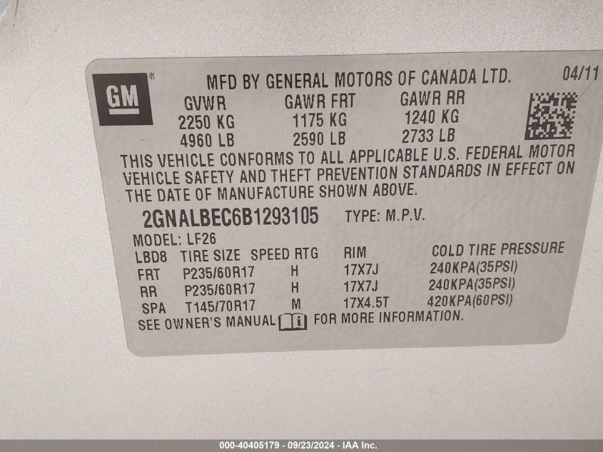 2GNALBEC6B1293105 2011 Chevrolet Equinox Ls