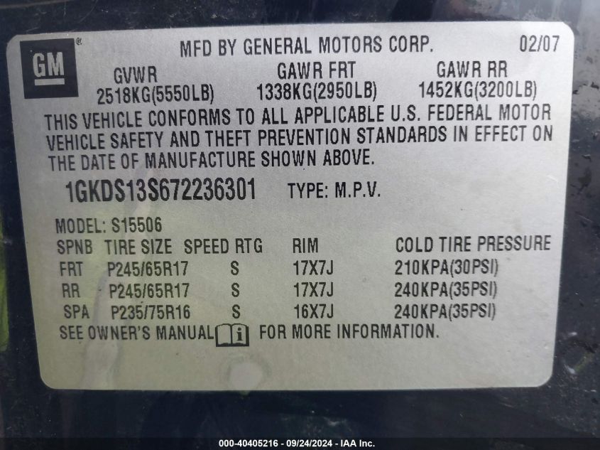 1GKDS13S672236301 2007 GMC Envoy Slt