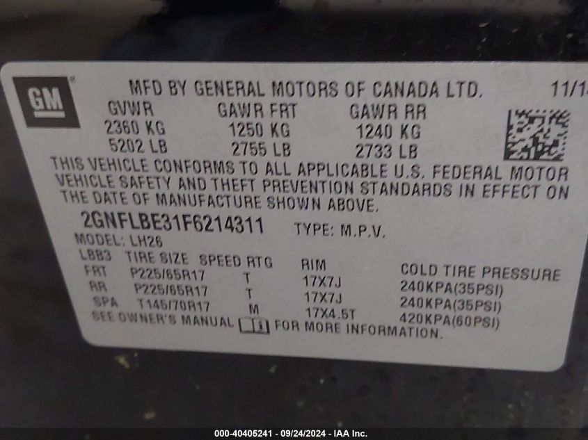 2GNFLBE31F6214311 2015 Chevrolet Equinox 1Lt