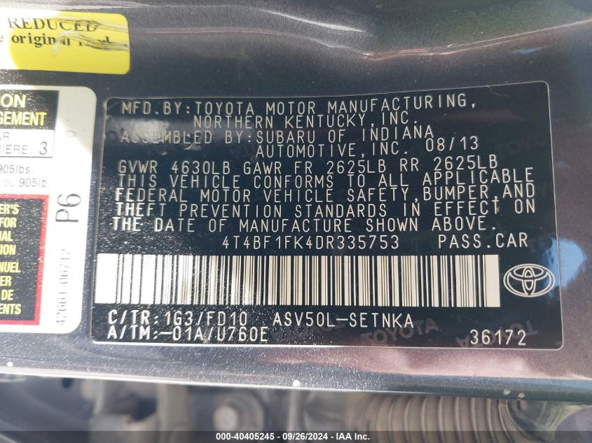 4T4BF1FK4DR335753 2013 Toyota Camry Le