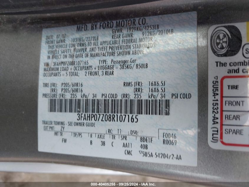 2008 Ford Fusion Se VIN: 3FAHP07Z08R107165 Lot: 40405255