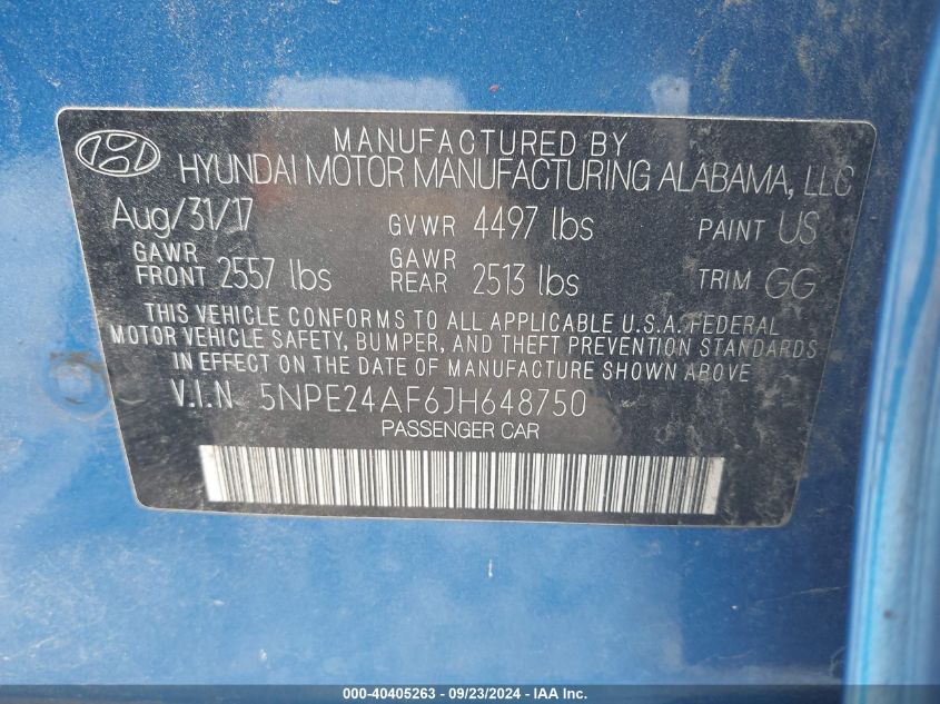 5NPE24AF6JH648750 2018 Hyundai Sonata Se