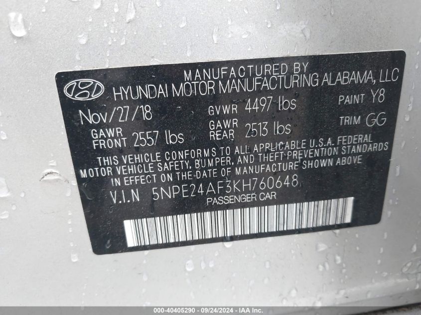 5NPE24AF3KH760648 2019 Hyundai Sonata Se