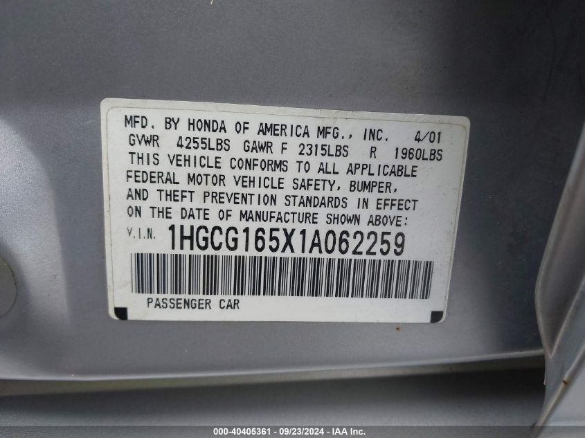 1HGCG165X1A062259 2001 Honda Accord 3.0 Ex