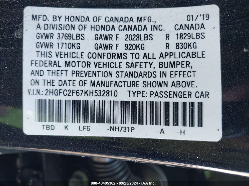 2HGFC2F67KH532810 2019 Honda Civic Lx