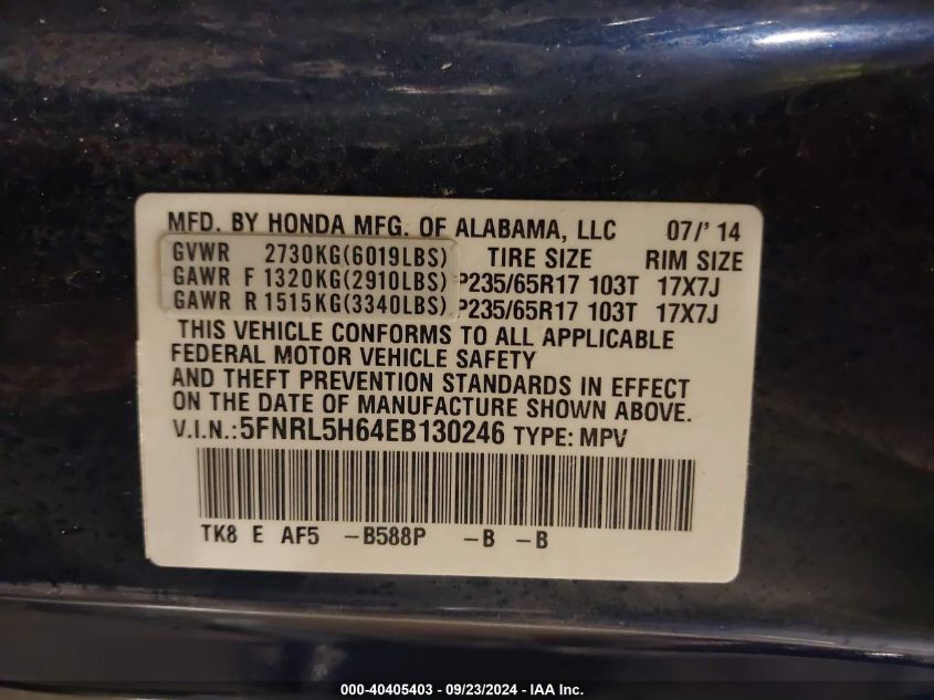 2014 Honda Odyssey Ex-L VIN: 5FNRL5H64EB130246 Lot: 40405403