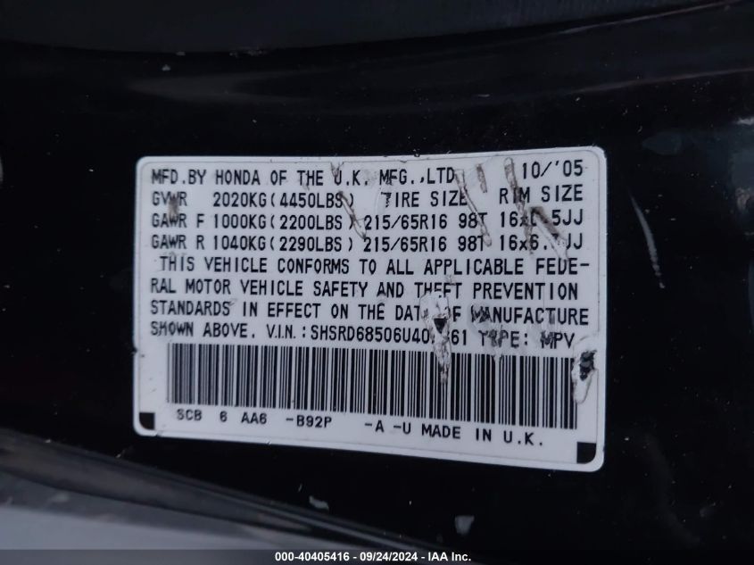 2006 Honda Cr-V Lx VIN: SHSRD68506U402361 Lot: 40405416